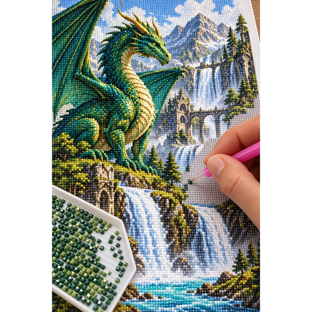 Emerald Dragon Mountain Waterfall Diamond Painting Kit diamond placement process