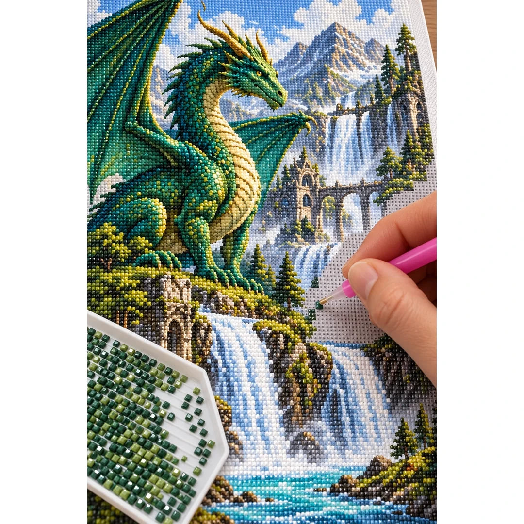 Emerald Dragon Mountain Waterfall Diamond Painting Kit diamond placement process
