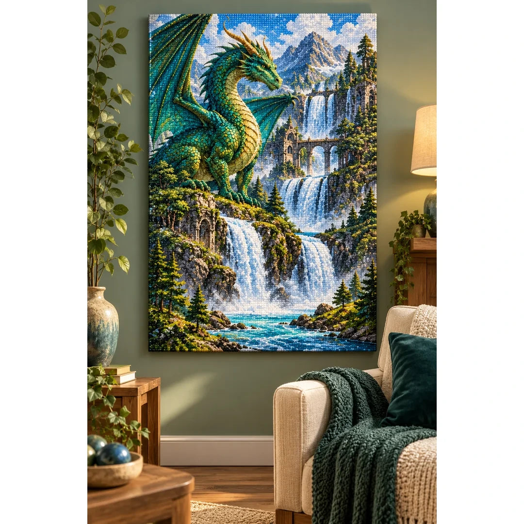 Emerald Dragon Mountain Waterfall Diamond Painting Kit home decor scene