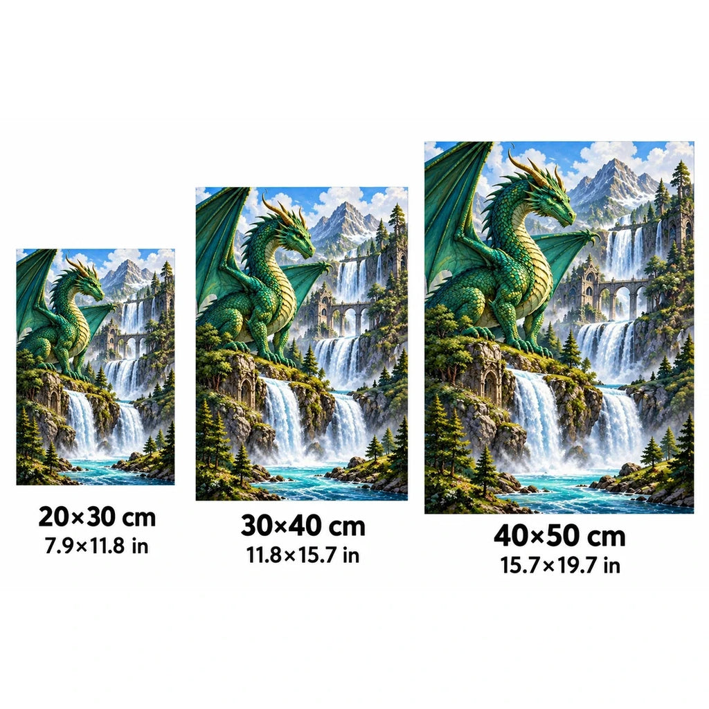 Emerald Dragon Mountain Waterfall Diamond Painting Kit size guide