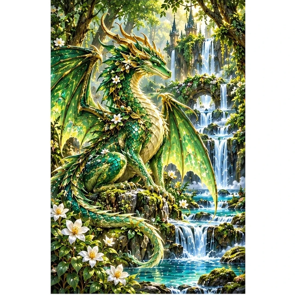 Emerald Forest Dragon Waterfall — original artwork on a clean white background