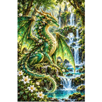 Emerald Forest Dragon Waterfall — original artwork on a clean white background