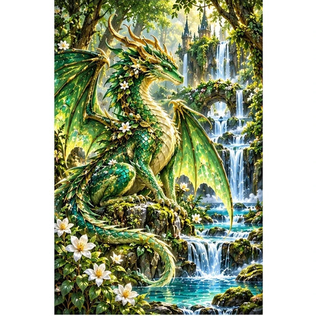 Emerald Forest Dragon Waterfall — original artwork on a clean white background