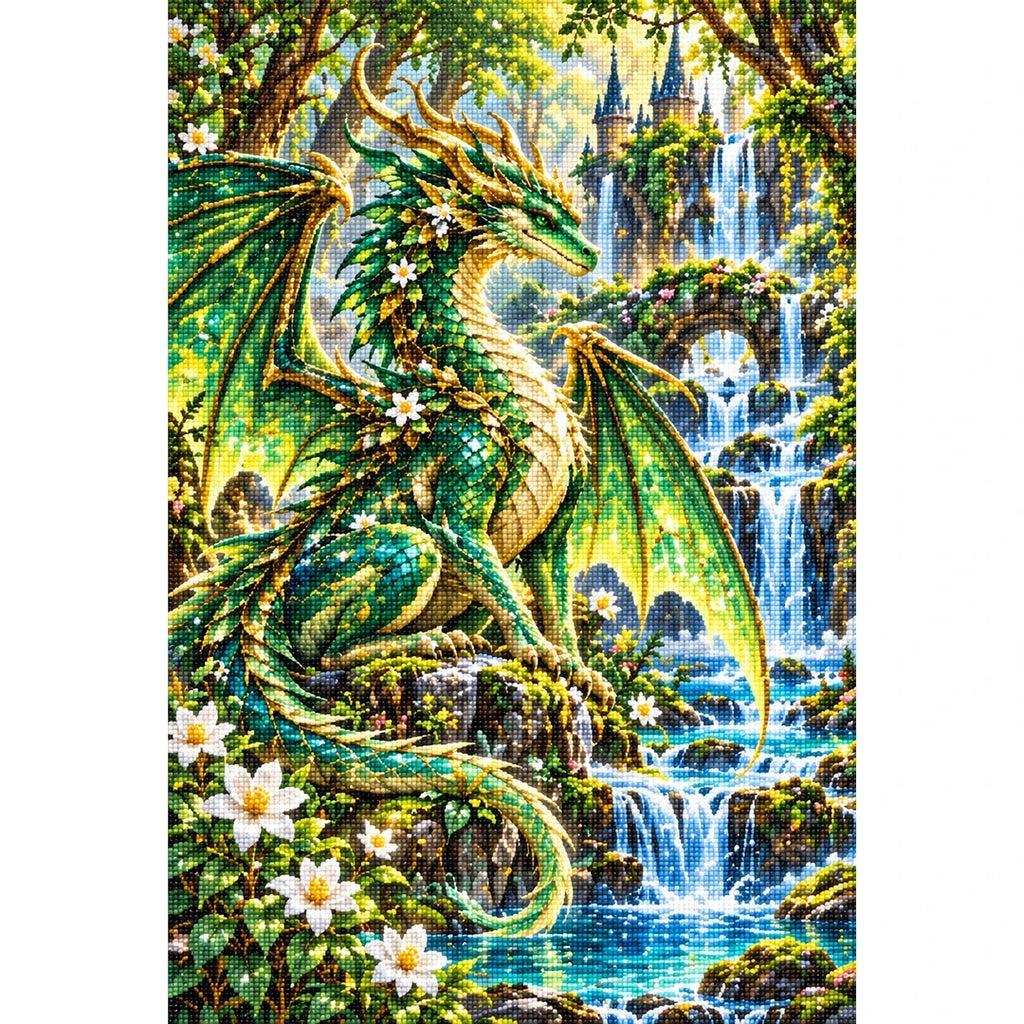 Emerald Forest Dragon Waterfall — finished diamond painting on a white background