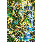 Emerald Forest Dragon Waterfall — finished diamond painting on a white background