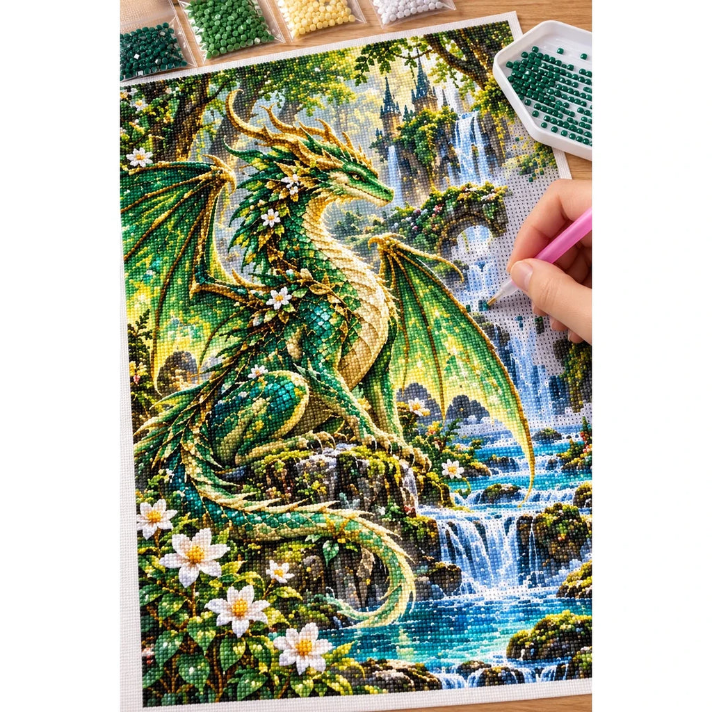 Emerald Forest Dragon Waterfall — diamond painting process with applicator pen