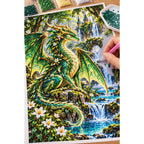 Emerald Forest Dragon Waterfall — diamond painting process with applicator pen