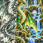 Emerald Forest Dragon Waterfall — close-up canvas and resin drill detail