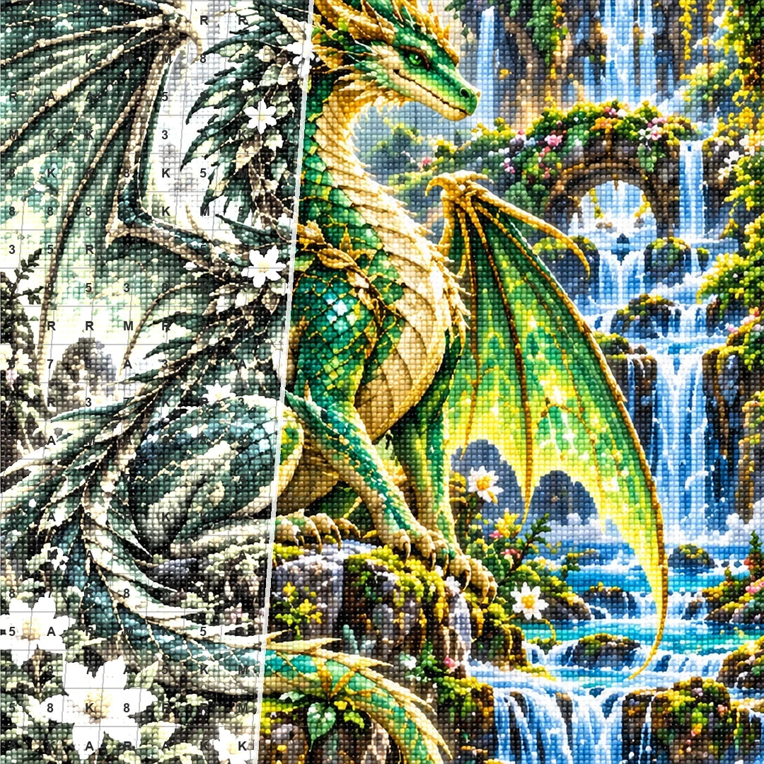 Emerald Forest Dragon Waterfall — close-up canvas and resin drill detail
