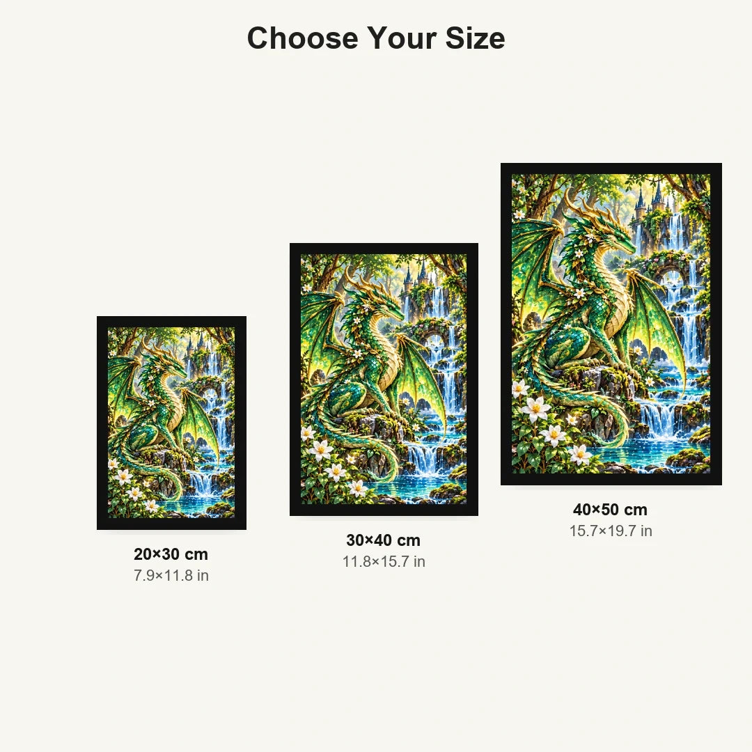 Emerald Forest Dragon Waterfall — size comparison for 20 × 30, 30 × 40 and 40 × 50 cm