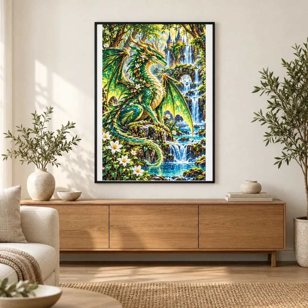 Emerald Forest Dragon Waterfall — finished diamond painting displayed in a home interior