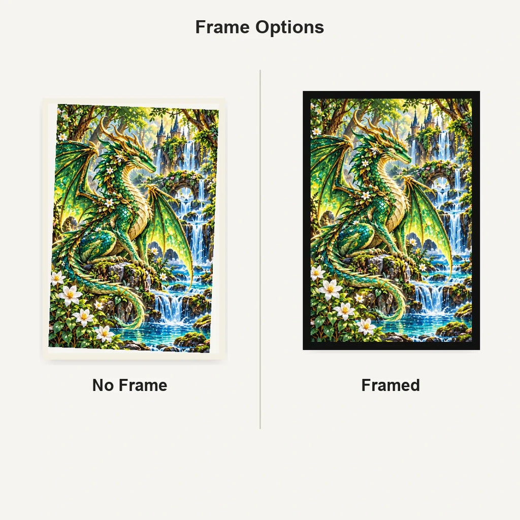 Emerald Forest Dragon Waterfall — No Frame and Framed style comparison
