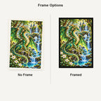 Emerald Forest Dragon Waterfall — No Frame and Framed style comparison