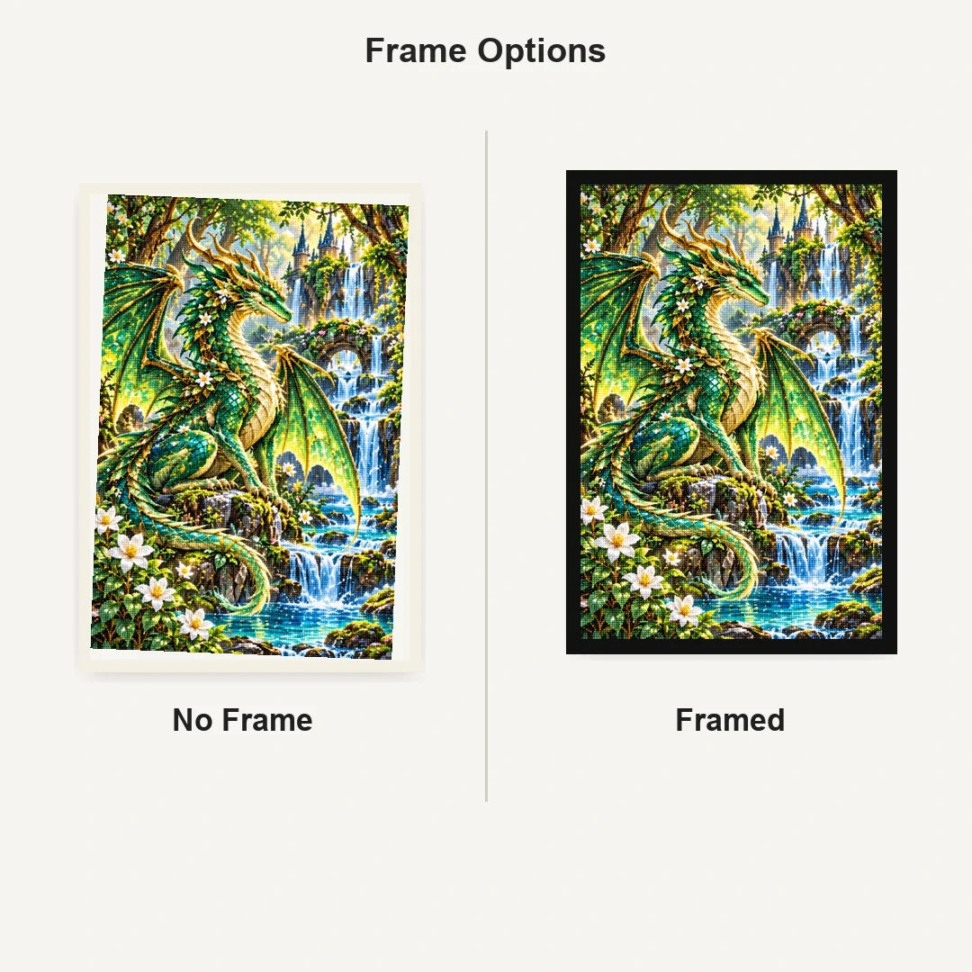 Emerald Forest Dragon Waterfall — No Frame and Framed style comparison