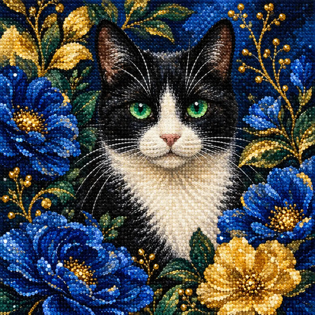 Close-up of diamond drills on the black-and-white cat and blue and golden blossoms