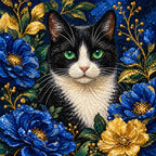 Close-up of diamond drills on the black-and-white cat and blue and golden blossoms