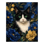 Original black-and-white cat with green eyes among blue and golden blossoms artwork