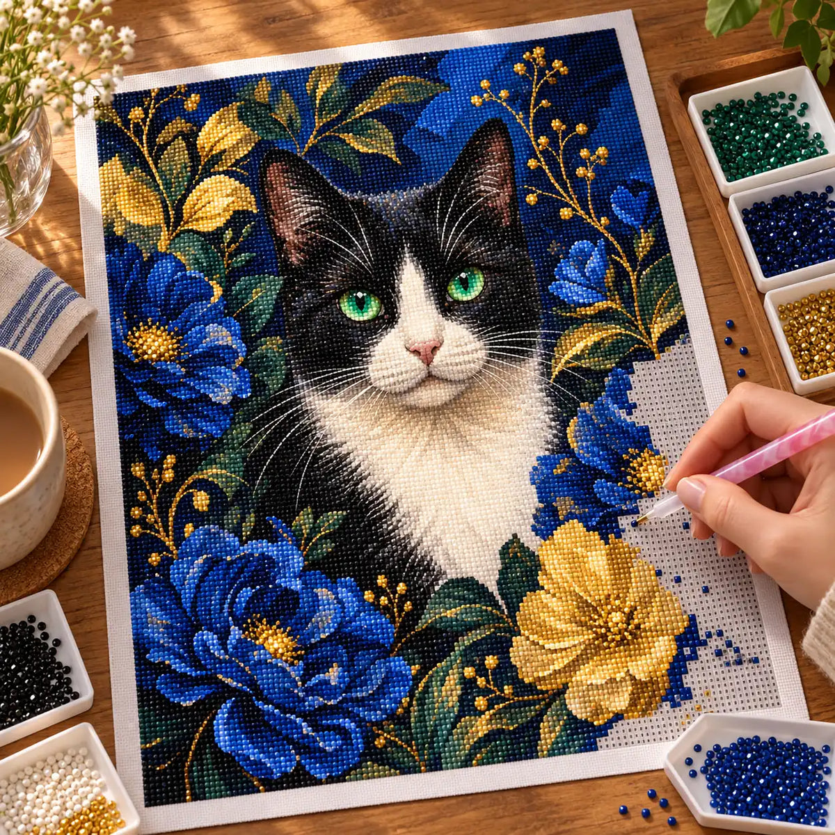 Diamond painting process showing a hand placing drills on the cat and blossoms design