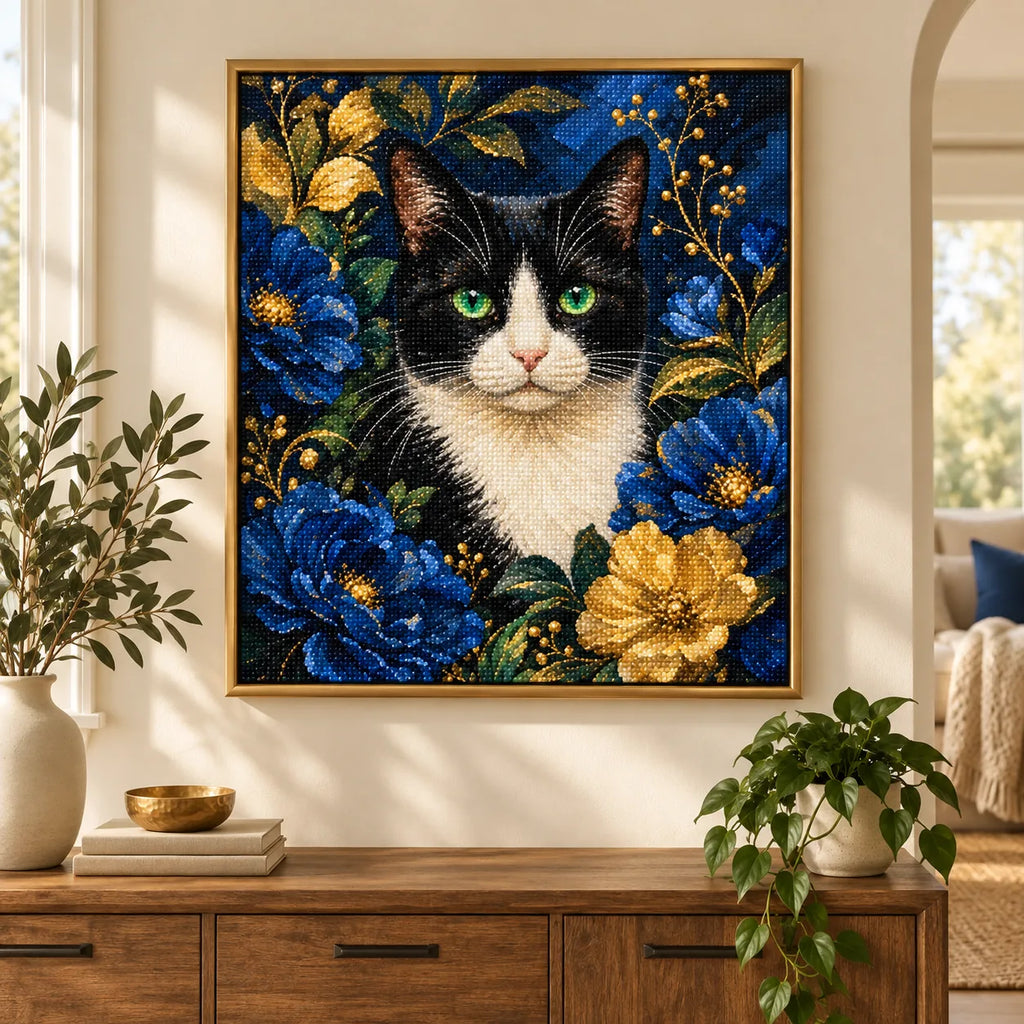 Framed cat and blossoms diamond painting displayed in a bright living room