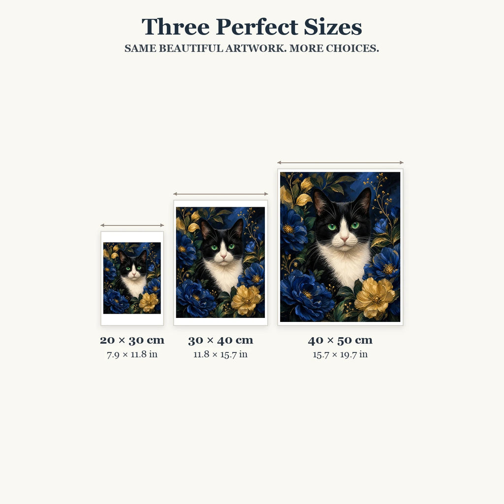 Emerald-eyed cat diamond painting in 20 × 30, 30 × 40, and 40 × 50 cm sizes