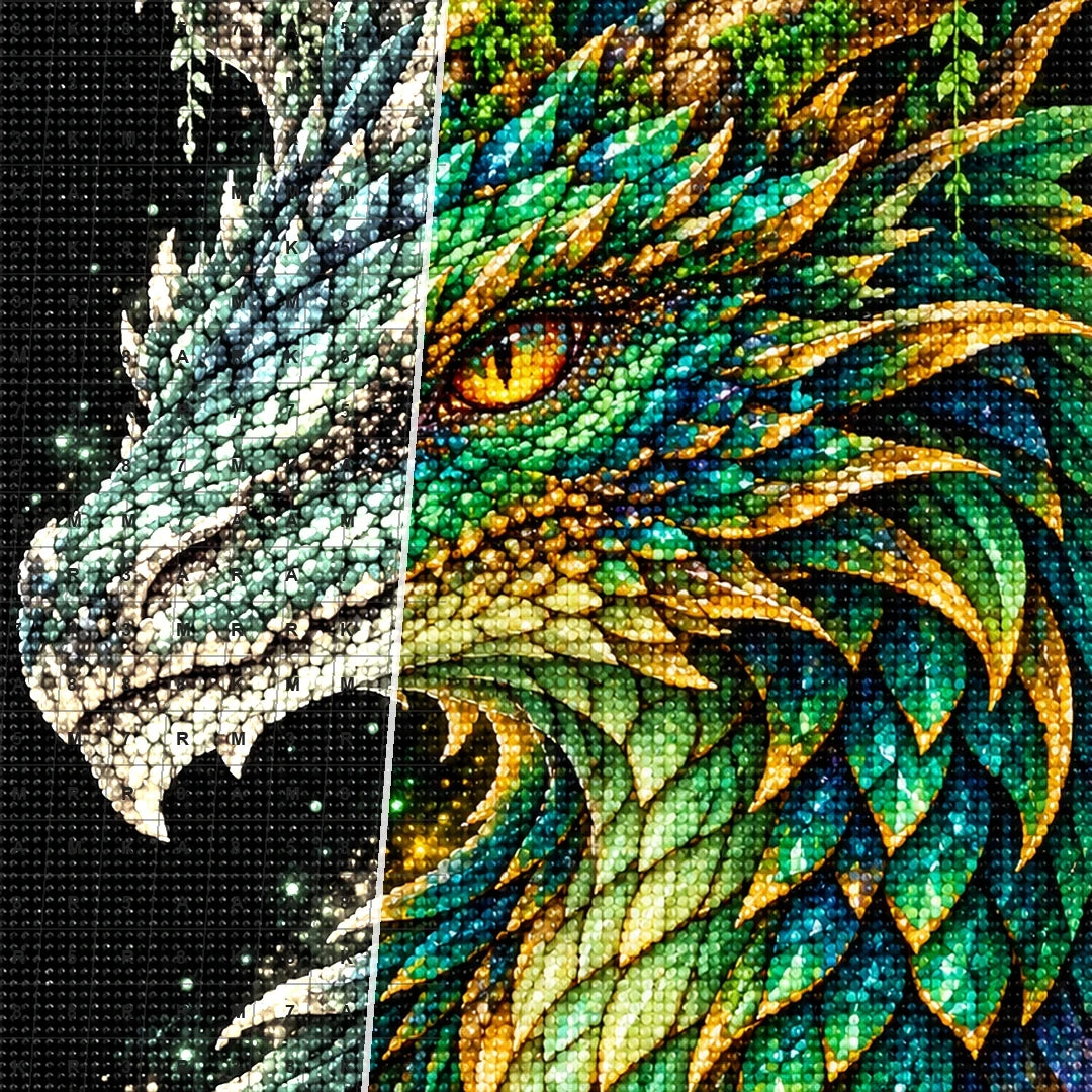 Emerald Gold Mosaic Dragon diamond drill and canvas detail