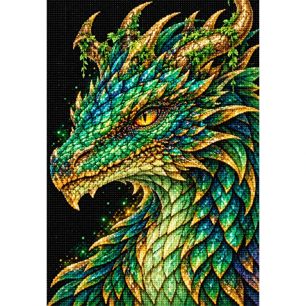 Emerald Gold Mosaic Dragon finished diamond painting on white background