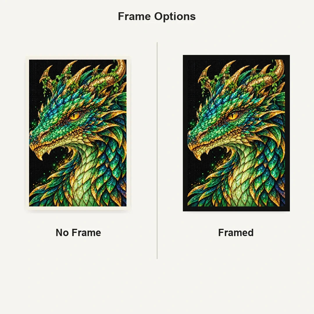 Emerald Gold Mosaic Dragon No Frame and Framed style comparison