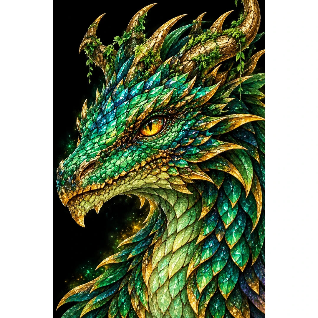 Emerald Gold Mosaic Dragon original artwork on white background
