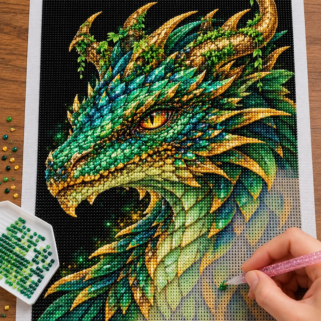 Emerald Gold Mosaic Dragon diamond painting process with pen and tray
