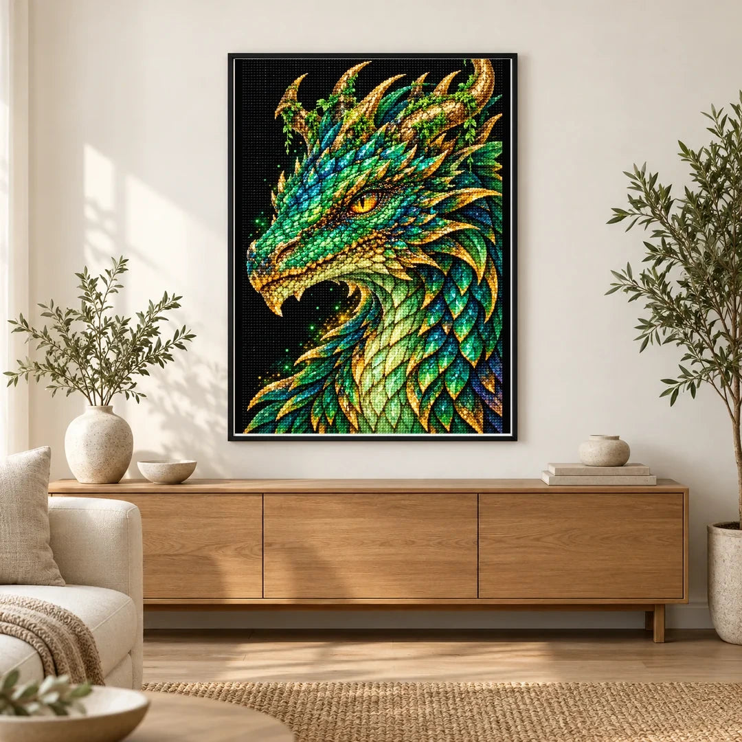 Emerald Gold Mosaic Dragon finished diamond painting in a home interior