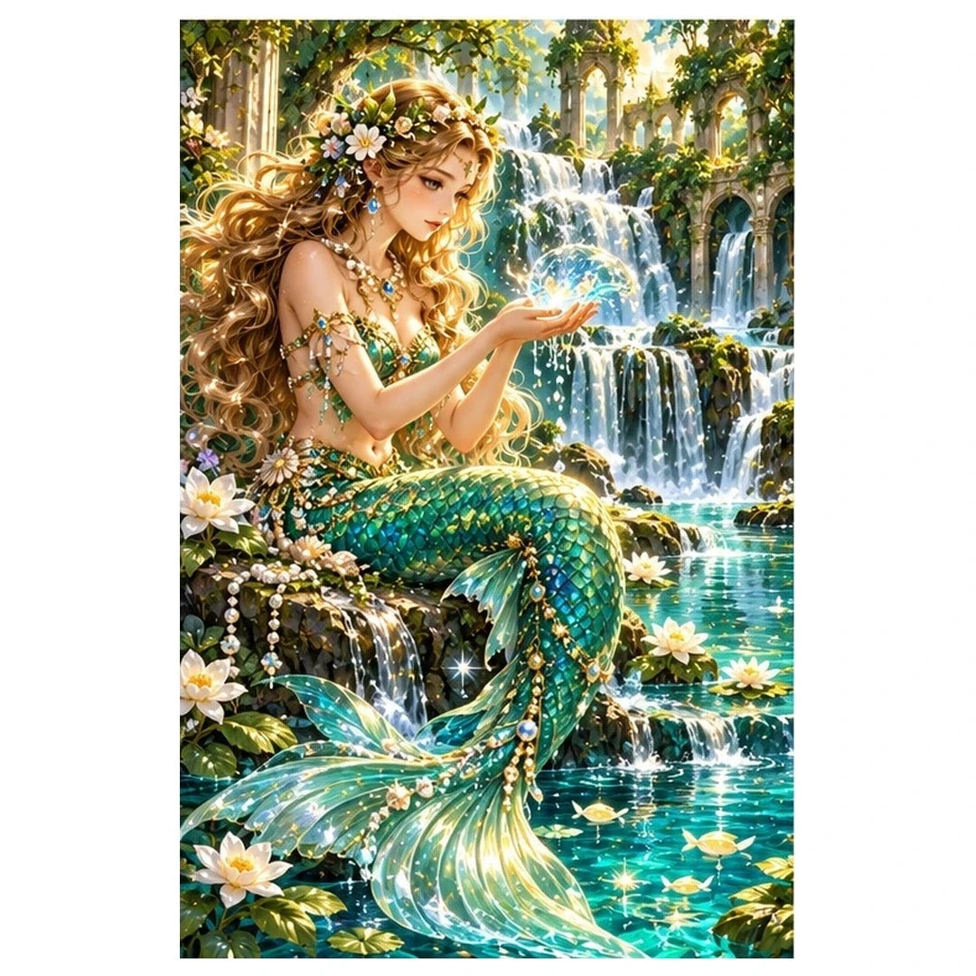 Emerald Mermaid Waterfall Lagoon original artwork on white