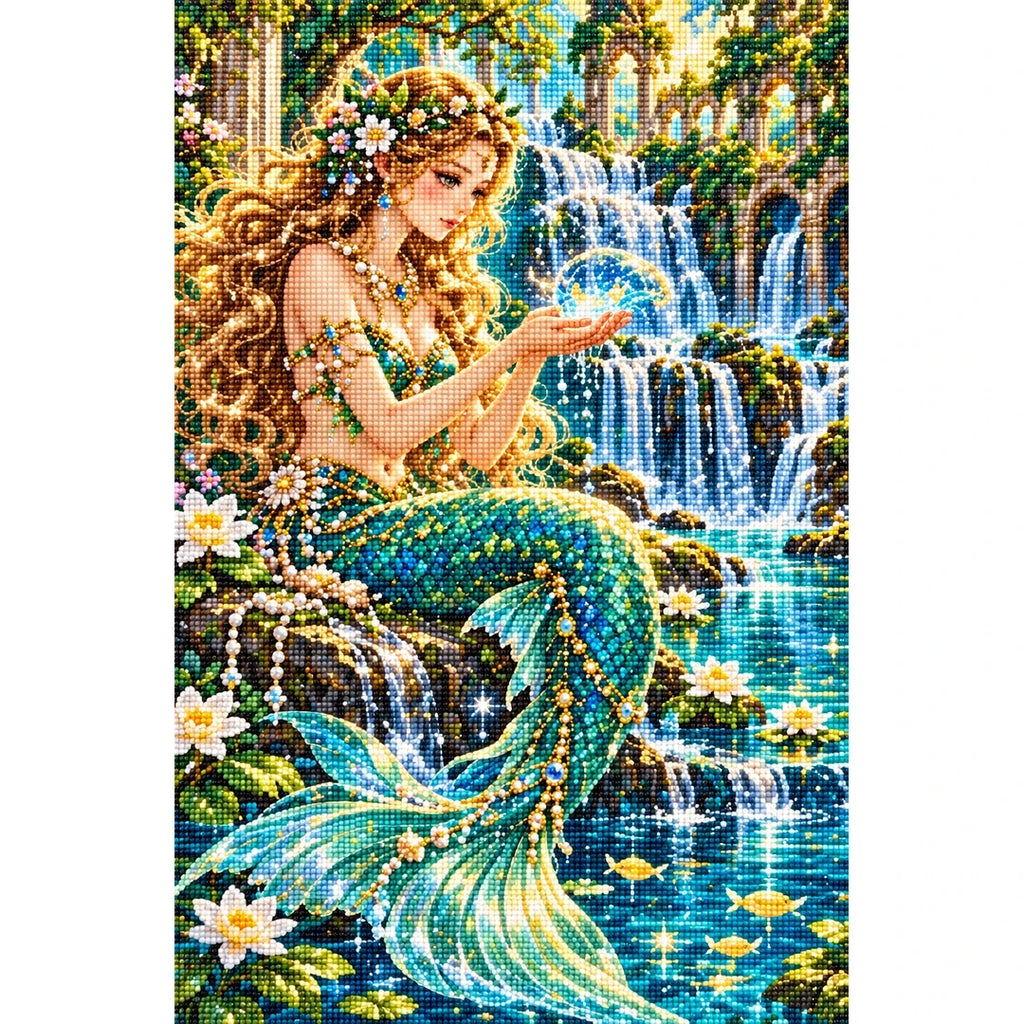 Emerald Mermaid Waterfall Lagoon finished diamond painting on white