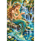 Emerald Mermaid Waterfall Lagoon finished diamond painting on white