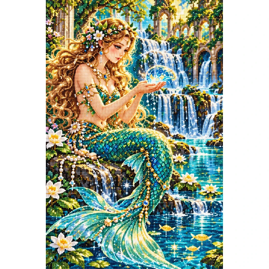 Emerald Mermaid Waterfall Lagoon finished diamond painting on white