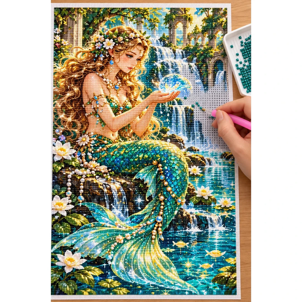 Emerald Mermaid Waterfall Lagoon diamond painting process