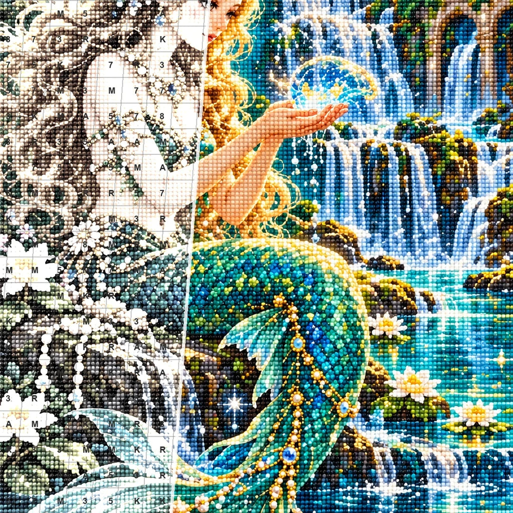 Emerald Mermaid Waterfall Lagoon canvas and resin drill detail