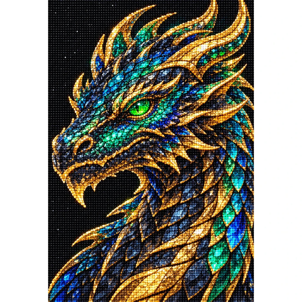 Emerald Obsidian Mosaic Dragon finished diamond painting on white background
