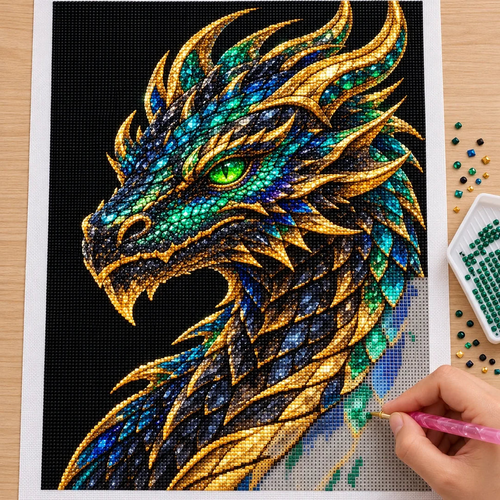 Emerald Obsidian Mosaic Dragon diamond painting process with pen and tray