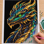 Emerald Obsidian Mosaic Dragon diamond painting process with pen and tray