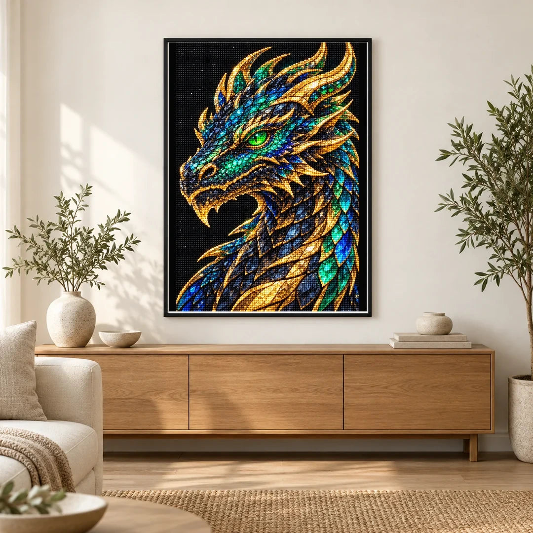 Emerald Obsidian Mosaic Dragon finished diamond painting in a home interior