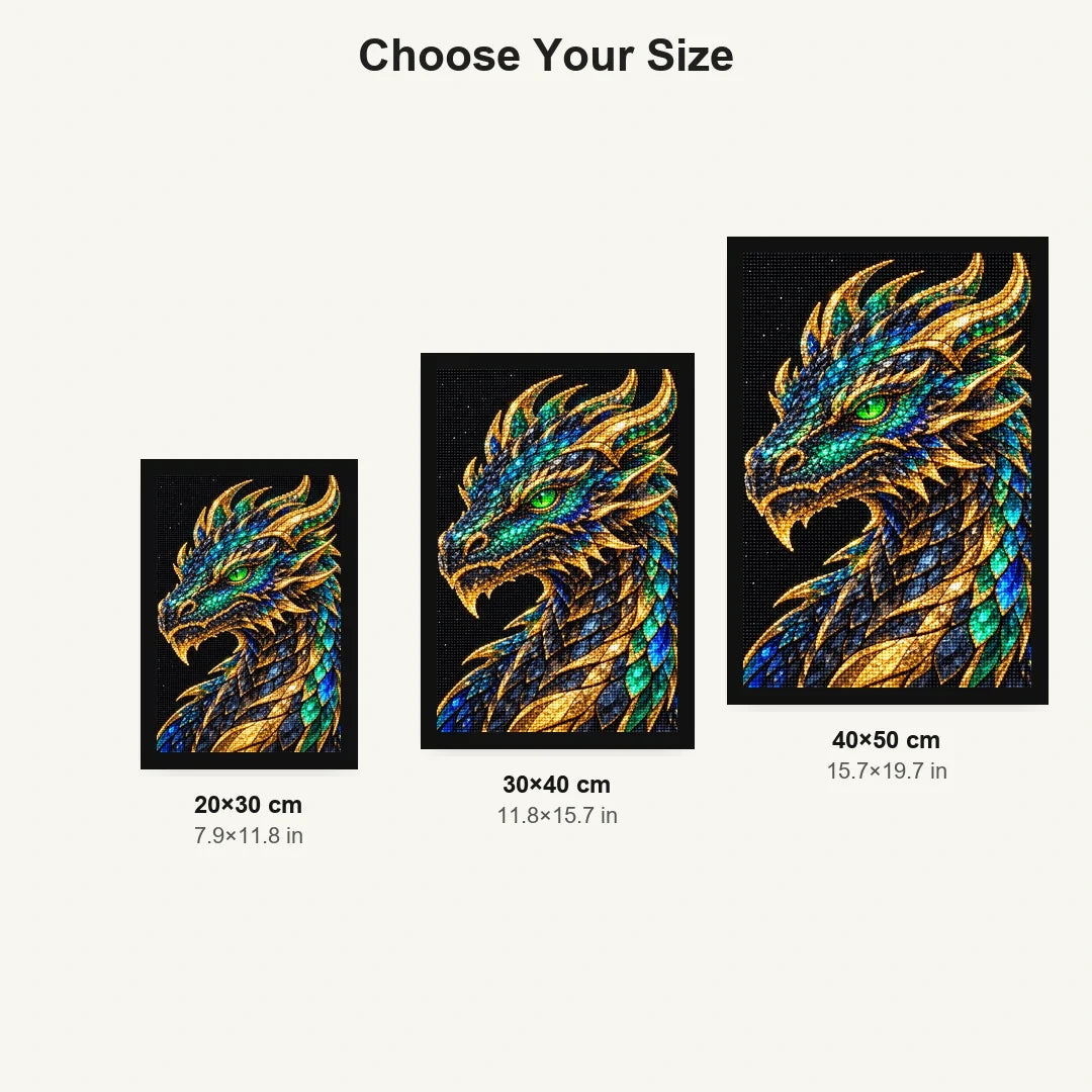 Emerald Obsidian Mosaic Dragon 20 by 30, 30 by 40, and 40 by 50 centimeter size guide