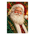 White-background original artwork of a smiling Santa in an emerald green coat surrounded by festive foliage for a diamond painting kit