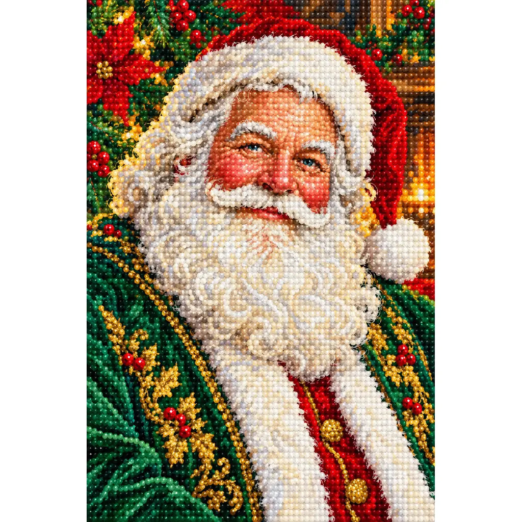 White-background finished diamond painting of a smiling Santa in an emerald green coat surrounded by festive foliage with sparkling drills