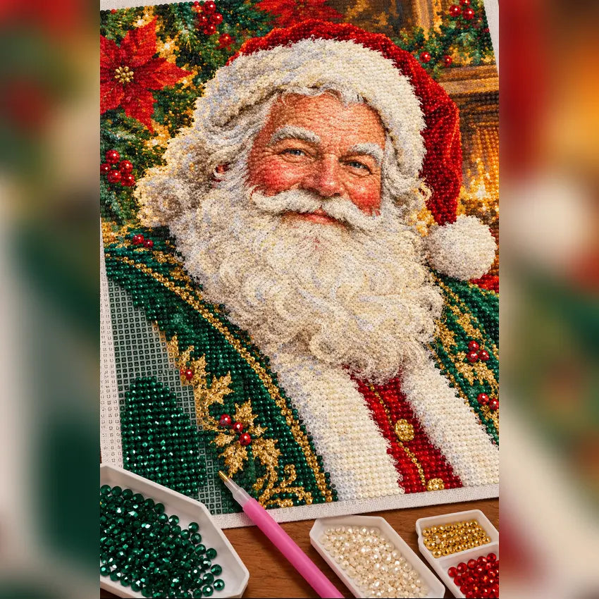 Diamond painting process showing a smiling Santa in an emerald green coat surrounded by festive foliage being completed with a stylus