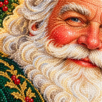Close-up diamond drill detail of a smiling Santa in an emerald green coat surrounded by festive foliage artwork