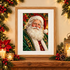 Framed a smiling Santa in an emerald green coat surrounded by festive foliage diamond painting displayed as home decor