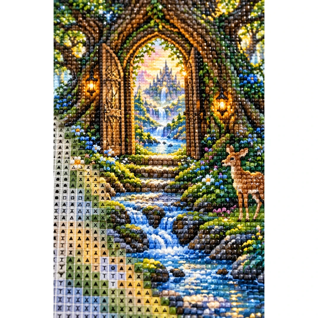 Enchanted Forest Gateway Diamond Painting Kit diamond and canvas detail