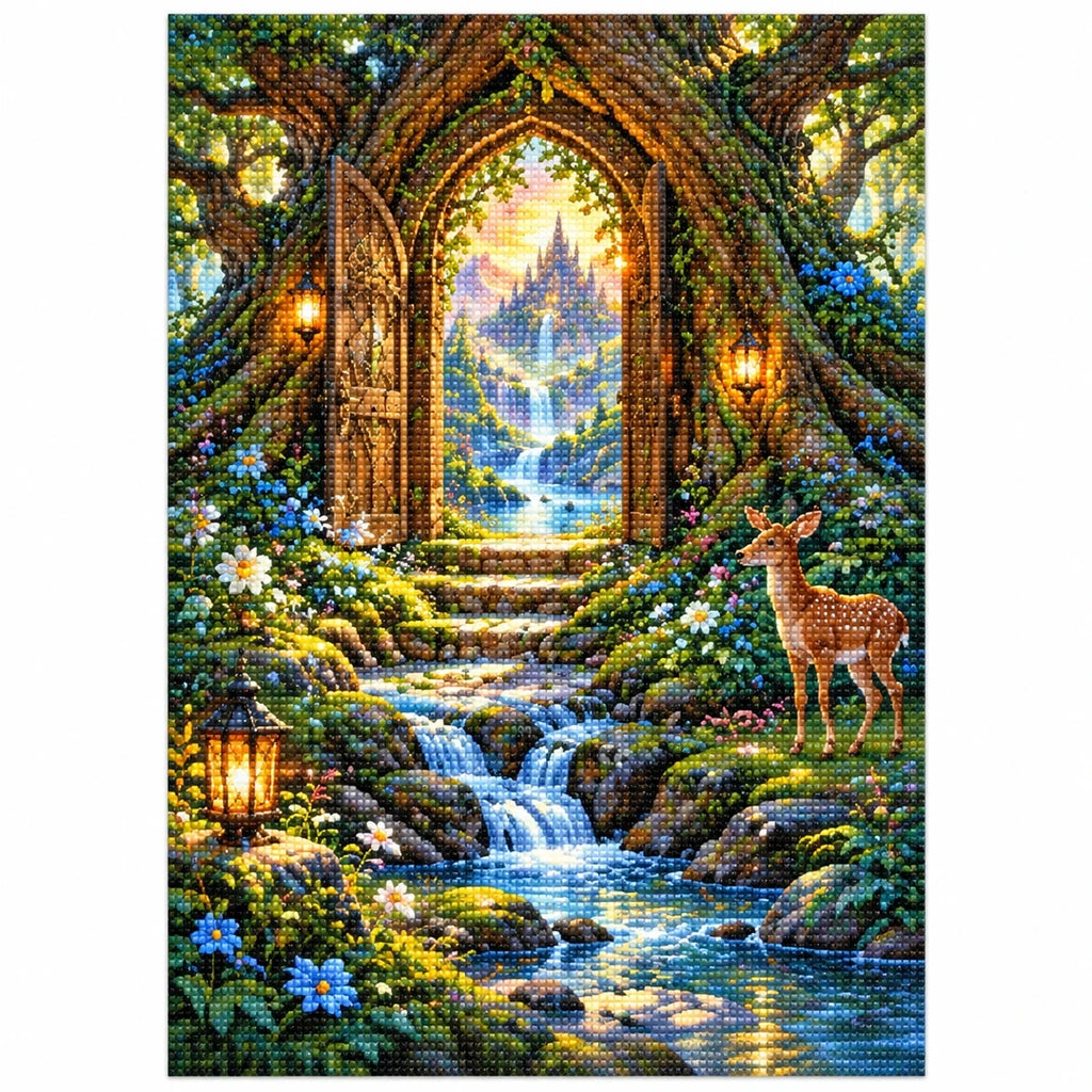 Enchanted Forest Gateway Diamond Painting Kit finished diamond artwork on white background