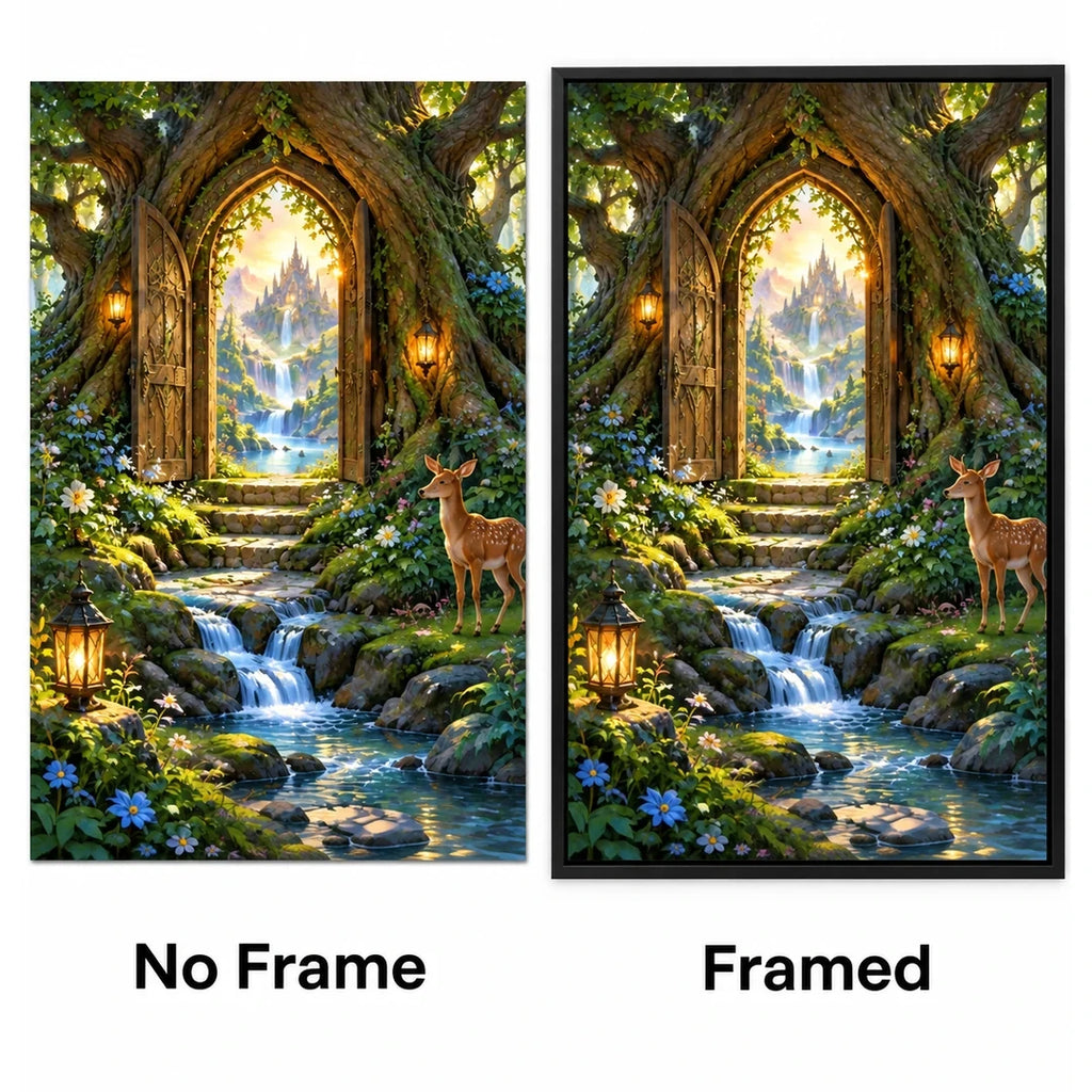 Enchanted Forest Gateway Diamond Painting Kit No Frame and Framed comparison