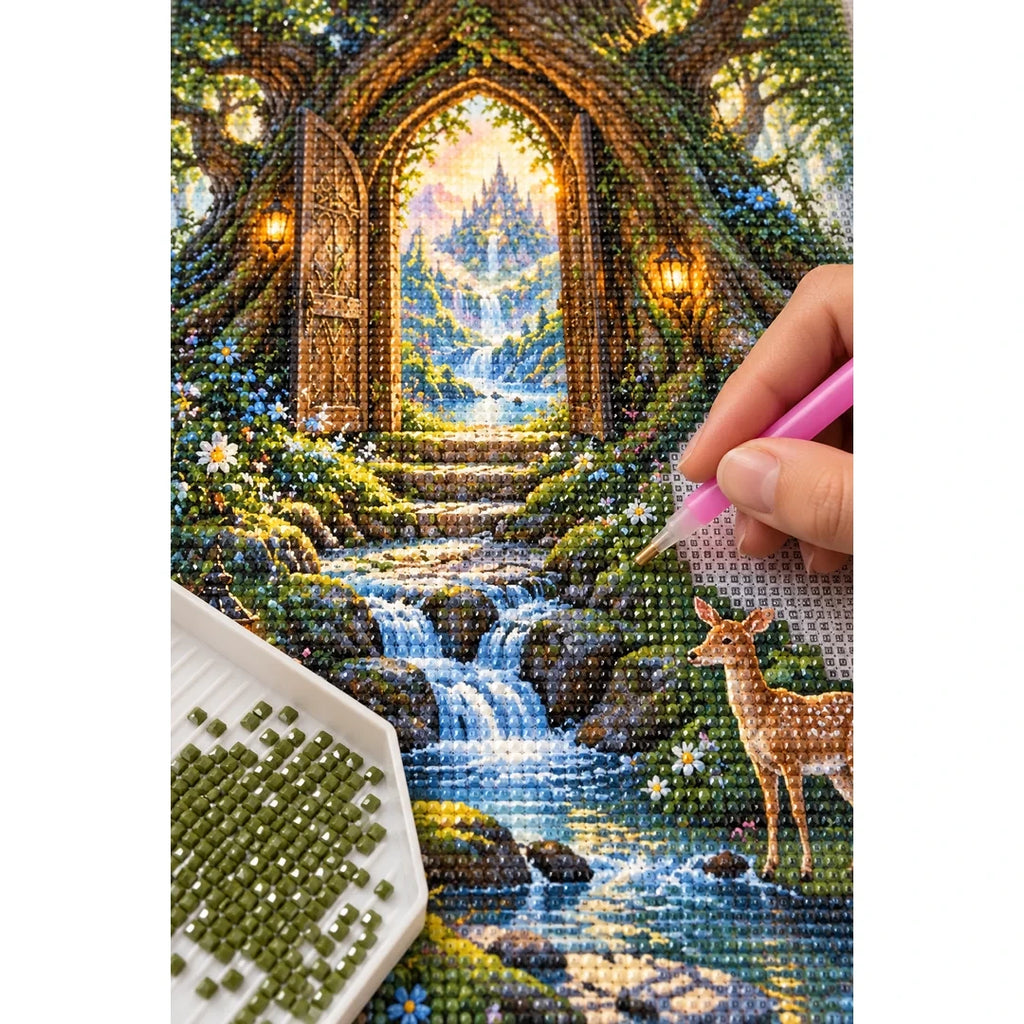 Enchanted Forest Gateway Diamond Painting Kit diamond placement process